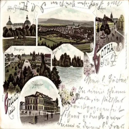 Litho Gotha in Thüringen, Schloss Friedenstein, Orangerie, Hoftheater, Rathaus, Herzogl. Park