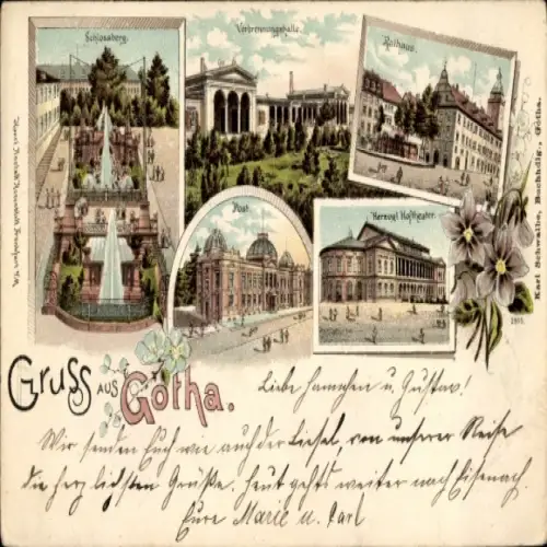 Litho Gotha in Thüringen, Rathaus, Post, Herzogliches Hoftheater, Verbrennungshalle