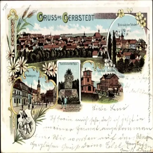 Wappen Litho Gerbstedt in Sachsen Anhalt, Bahnhof, Marktplatz, Durchlöcherter Stein, Schule