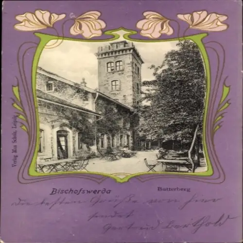 Ak Butterberg Bischofswerda in Sachsen, Schwarzes und weißes Bild, Butterberg, Turm, Pflanzenorna