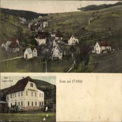 Ak Stanau Neustadt an der Orla Thüringen, Gast- und Logier-Haus, Landschaft mit Häusern, Gruß aus