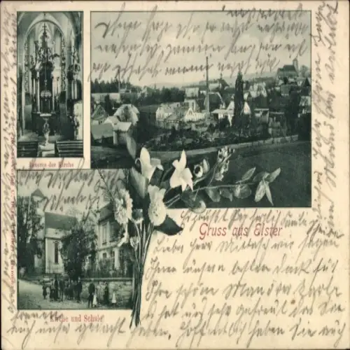 Ak Wünschendorf an der Elster,  Kirche, Schule, Landschaft, Blumen, 'Gruss aus Elster'