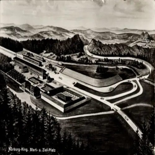 Ak Nürburg in der Eifel, Nürburgring, Luftaufnahme  Start- und Ziel-Platz, Rennautos, Wald, Berge