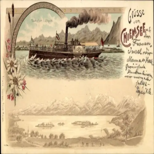 Litho Dampfer Luitpold auf dem Chiemsee, Panorama
