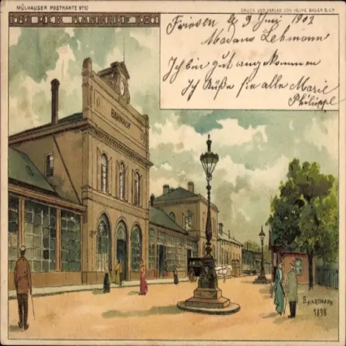 Künstler Litho Hartmann, B., Mulhouse Mülhausen Elsass Haut Rhin, Bahnhof, Straßenseite