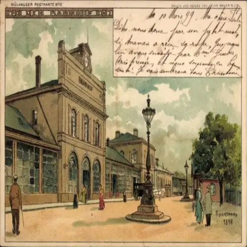 Künstler Litho Hartmann, B., Mulhouse Mülhausen Elsass Haut Rhin, Bahnhof, Straßenseite
