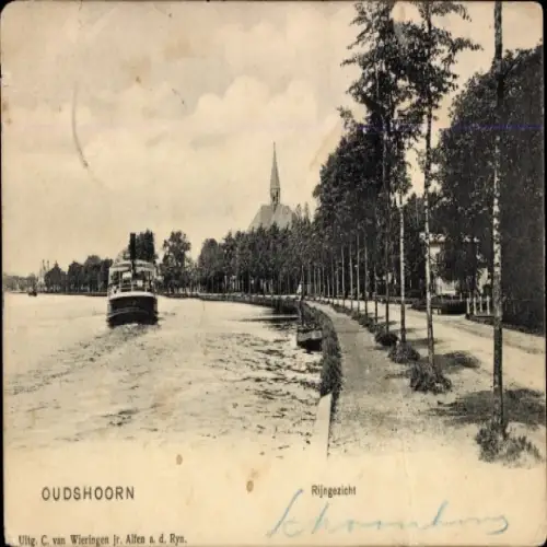 Ak Oudshoorn Südholland Niederlande, Rheinblick, Schiff, Kirche