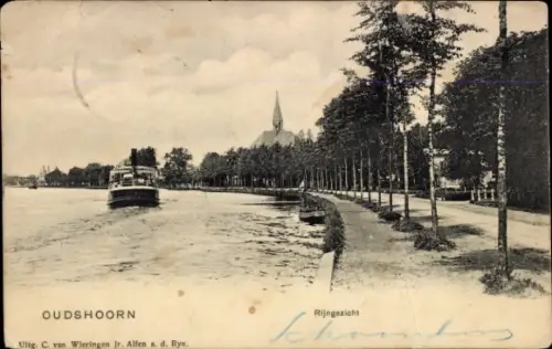 Ak Oudshoorn Südholland Niederlande, Rheinblick, Schiff, Kirche