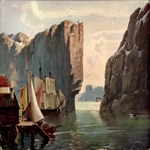Künstler Ak Norwegen, Felsen, Haus am Steg, Boote, Fjord