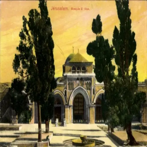 Ak Jerusalem Israel, Mosquée El Aksa, Palmen, Sonnenuntergang, Historische Architektur