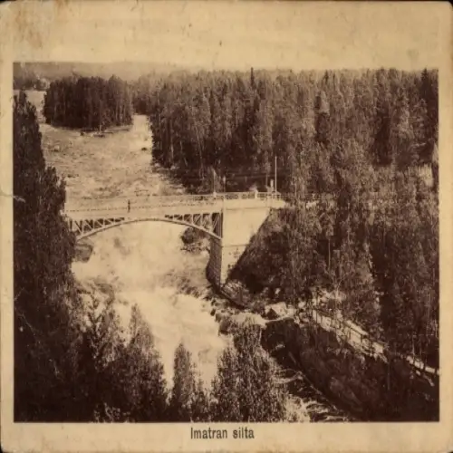 Ak Imatra Finnland, Brücke, Fluss, Bäume, schwarz-weiß, Landschaft, Schriftzug