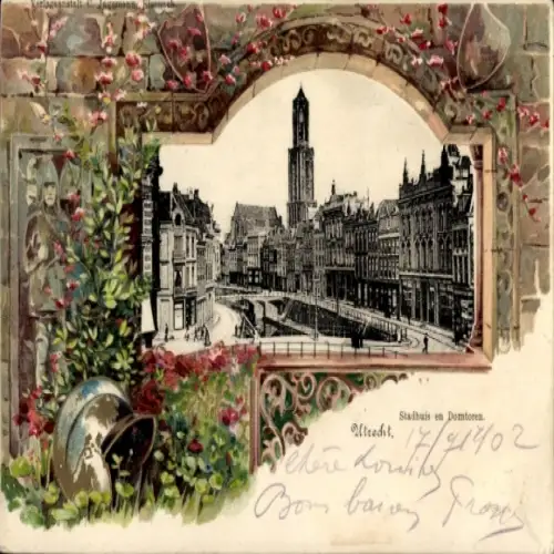 Ak Utrecht Niederlande, Stadhuis, Domtoren,   Architektur, Blumenrahmen