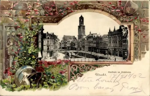 Ak Utrecht Niederlande, Stadhuis, Domtoren,   Architektur, Blumenrahmen