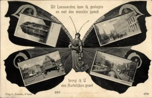 Schmetterling Ak Leeuwarden Friesland Niederlande, Teilansichten, Turm, Waage, Kanal, Straßenpartie