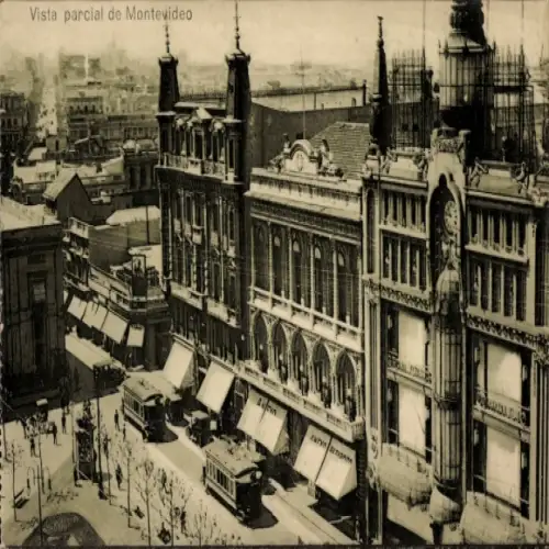 Ak Montevideo Uruguay, Teilansicht von   Gebäude, Straßenbahnen