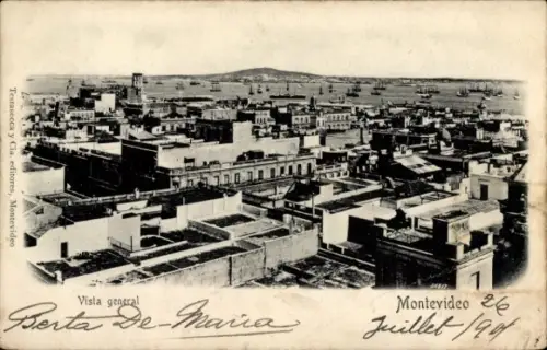 Ak Montevideo Uruguay, Luftaufnahme von  Hafen mit Schiffen, Stadtansicht,  