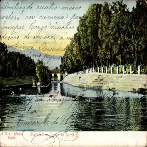 Ak Cuernavaca Mexiko, Flusslandschaft, Bäume, Brücke,  aus Mexiko, Text in Spanisch