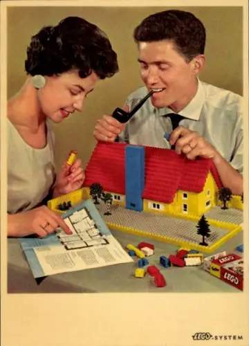 Ak Reklame LEGO-System, Paar baut ein Haus, Mann mit Pfeife