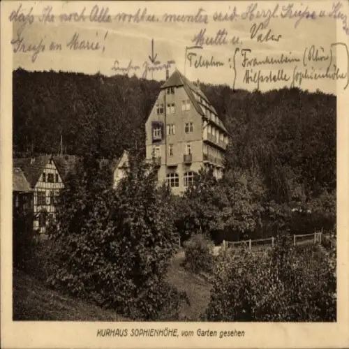 Ak Frankenheim in der Rhön, Kurhaus Sophienhöhe, Gebäude im Wald, Gartenansicht