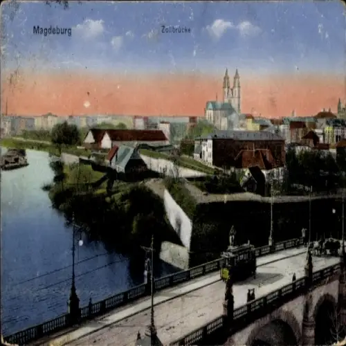 Ak Magdeburg an der Elbe, Zollbrücke, Dom, Straßenbahn