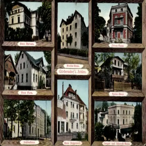 Ak Sokołowsko Görbersdorf Schlesien, Haus Barbara, Haus Flora, Mucha-Haus, Urban-Haus, Speise-...