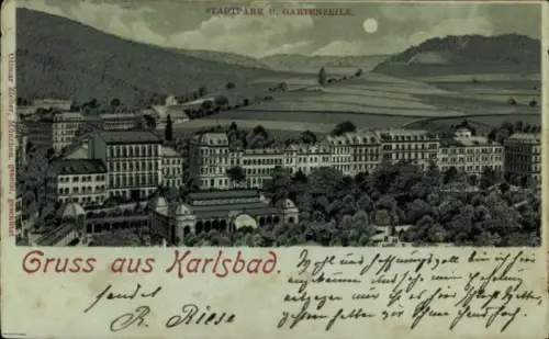 Mondschein Litho Karlovy Vary Karlsbad Stadt, Stadtpark und Gartenzeile
