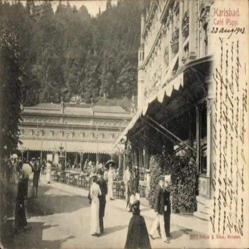 Ak Karlovy Vary Karlsbad Stadt, Café Pupp, Kurgäste, Terrasse