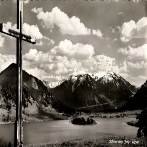 Ak Schliersee in Oberbayern, Panorama mit Kreuz, Berge, Schliersee, Rohnberg, Gamswand, Aipl-Spit