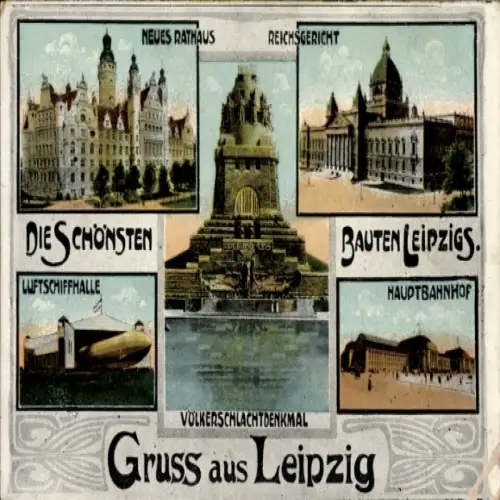 Ak Leipzig, Neues Rathaus, Reichsgericht, Luftschiffhalle, Hauptbahnhof, Völkerschlachtdenkmal