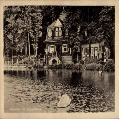 Ak Glauchau in Sachsen, Glauchau i. Sa. Gründelhaus, Haus am Wasser, umgeben von Bäumen, Schwan