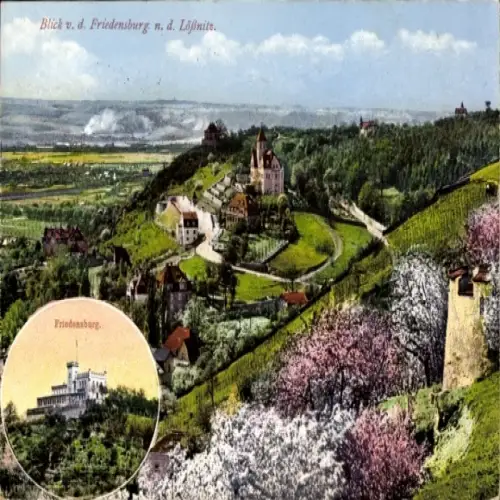 Ak Niederlössnitz Niederlößnitz Radebeul Sachsen, Friedensburg, Panorama, Baumblüte
