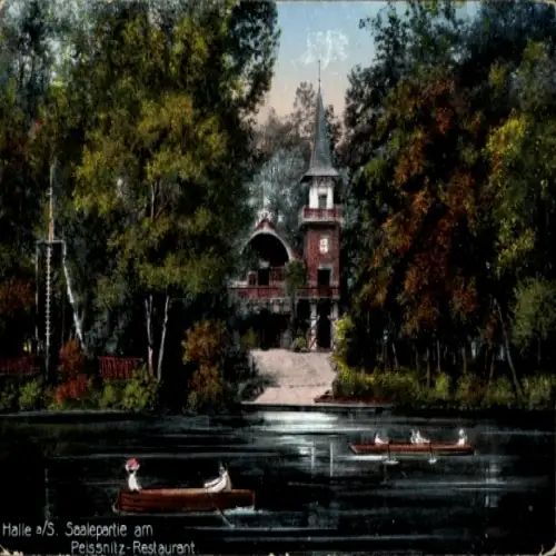 Ak Halle an der Saale, Teichansicht, Peissnitz-Restaurant, Boote, Bäume, Rückansicht