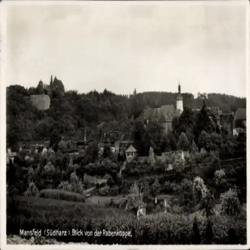 Ak Mansfeld im Harzvorland, Blick von der Rabenkoppe, Stadtansicht, Burgen, Landschaft