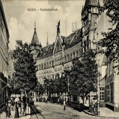 Ak Aachen, Hauptpostgebäude,  Architektur, Straßenansicht, Bäume, Menschen