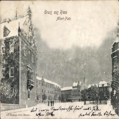 Ak Riesa an der Elbe Sachsen, Albert-Platz, Schnee, Gebäude, Gruß aus Riesa