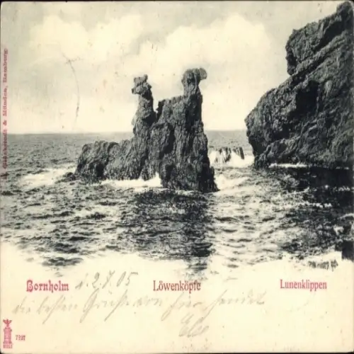 Ak Bornholm Dänemark, Löwenköpfe, Lunenklippen, maritime Landschaft, Steinformation