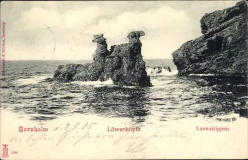 Ak Bornholm Dänemark, Löwenköpfe, Lunenklippen, maritime Landschaft, Steinformation