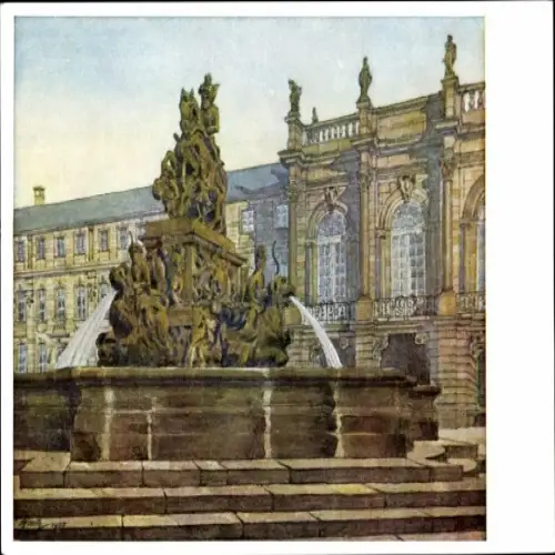 Künstler Ak Schmitz, Hans, Bayreuth, Markgrafenbrunnen mit Neuem Schloß