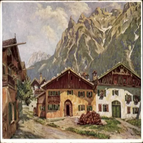Künstler Ak Sollmann, Paul, Mittenwald, Alte Bauernhäuser und Karwendel