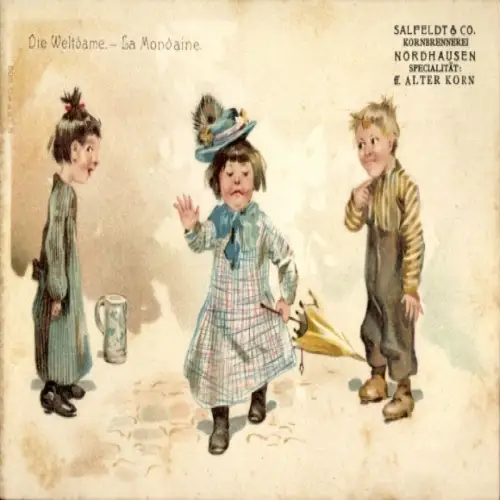 Litho Weltdame, Kinder, Brennerei Salfeldt & Co., Reklame