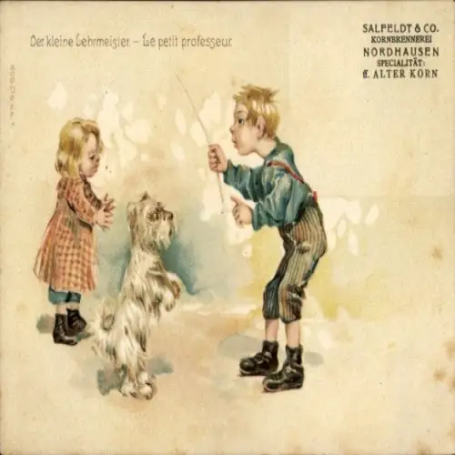 Litho Der kleine Lehrmeister, Kinder, Hund, Brennerei Salfeldt & Co., Reklame
