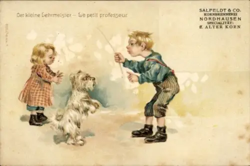 Litho Der kleine Lehrmeister, Kinder, Hund, Brennerei Salfeldt & Co., Reklame