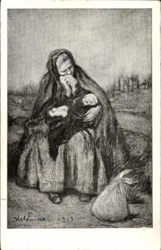Künstler Ak Weinende Frau mit Kind 1915