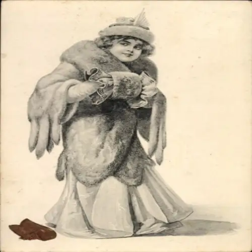 Ak Frau in Pelzmantel, Porträt, Muff