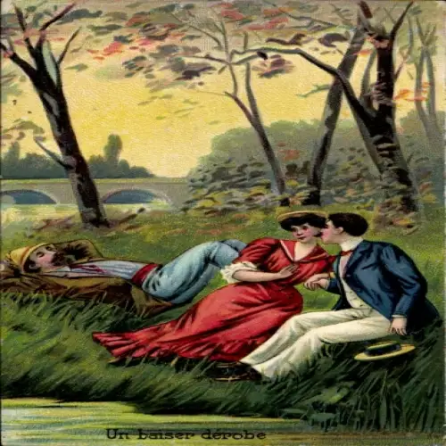 Litho Un baiser dérobe, Mann küsst Frau, Ufer, Brücke 