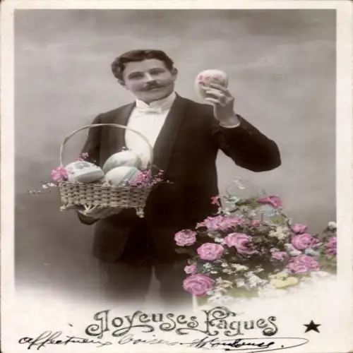 Ak Glückwunsch Ostern, Mann mit Korb, Ostereier, Blumen
