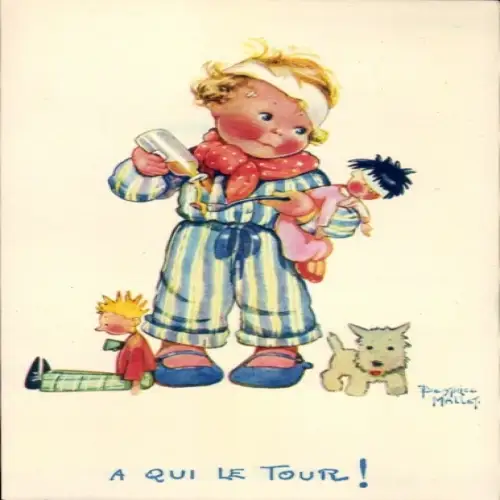 Künstler Ak Mallet, Beatrice, Kind mit Puppen, Hund, Hustensaft,Comite National de l'Enfance