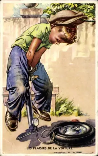 Künstler Ak Junge pumpt einen Reifen auf, Luftpumpe