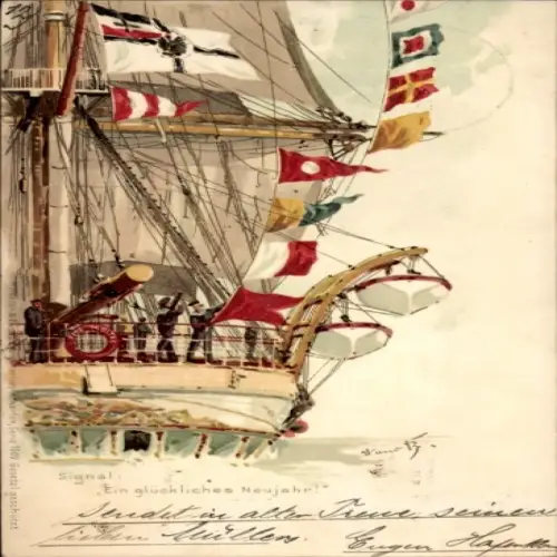 Künstler Litho Bohrdt, Fröhliches Neujahr, Segelschiff mit Signalfahnen