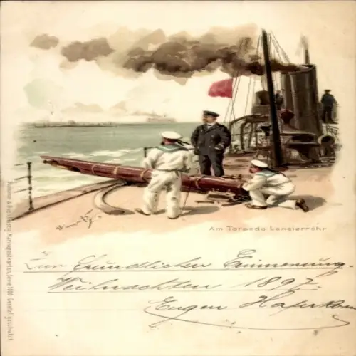 Künstler Litho Bohrdt, Hans, Am Torpedo Lancierrohr, Deutsche Seeleute, Kriegsschiff